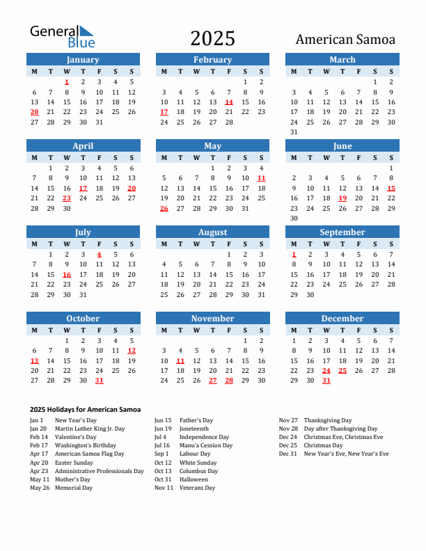 Printable Calendar 2025 with American Samoa Holidays (Monday Start)