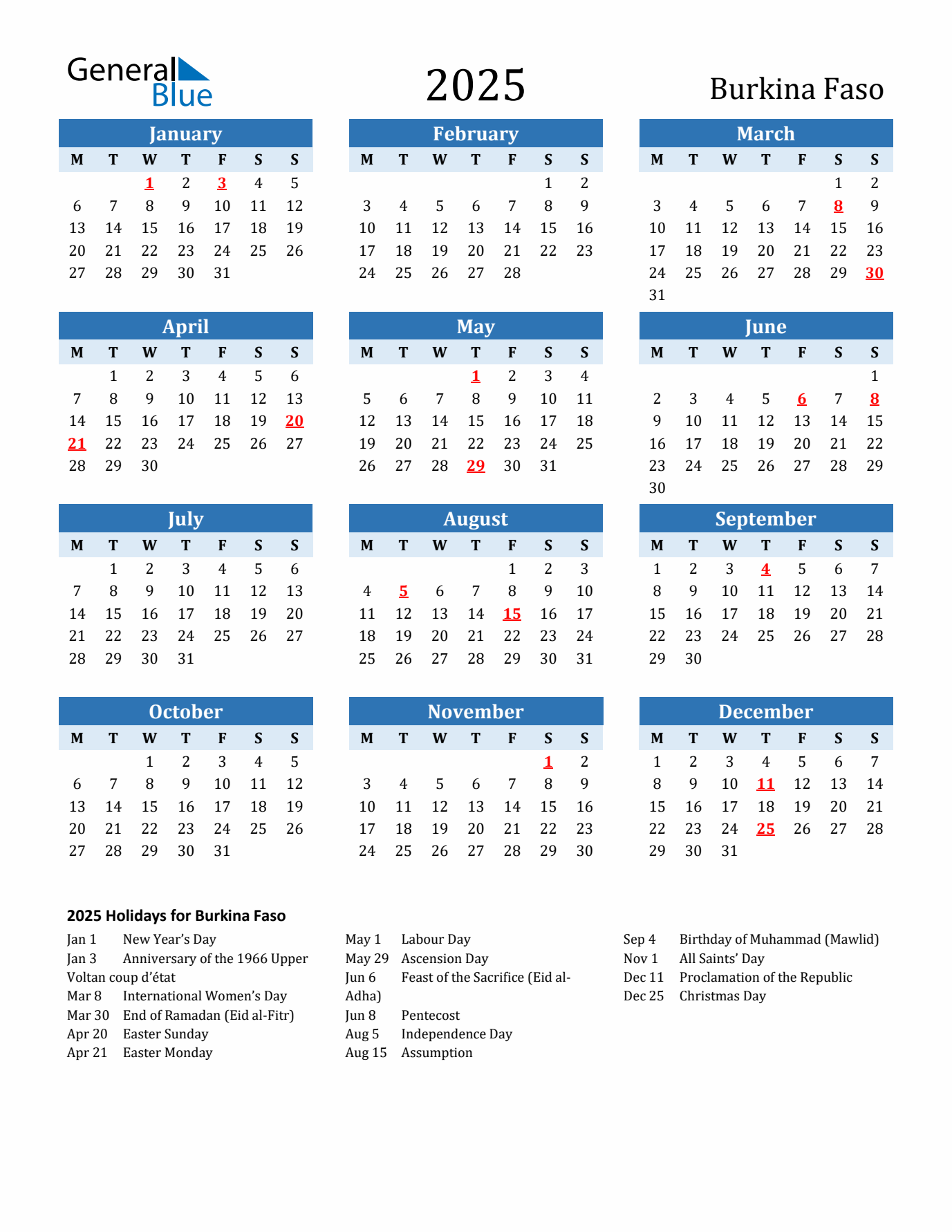 Printable Calendar 2025 with Burkina Faso Holidays (Monday Start)