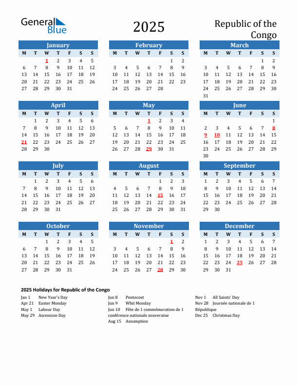 Printable Calendar 2025 with Republic of the Congo Holidays (Monday Start)