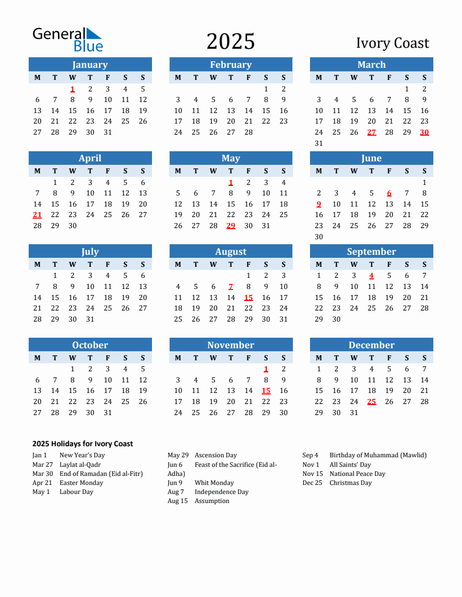 2025 Printable Calendar with Ivory Coast Holidays - Monday Start