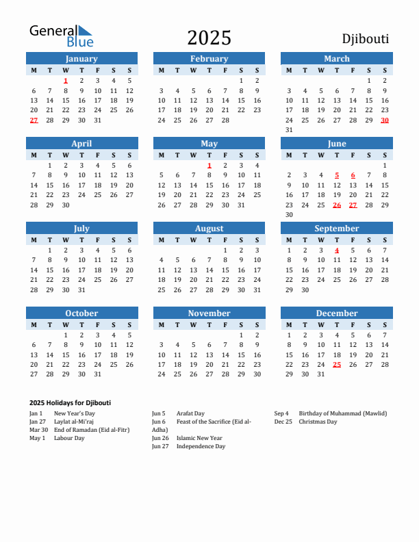 Printable Calendar 2025 with Djibouti Holidays (Monday Start)