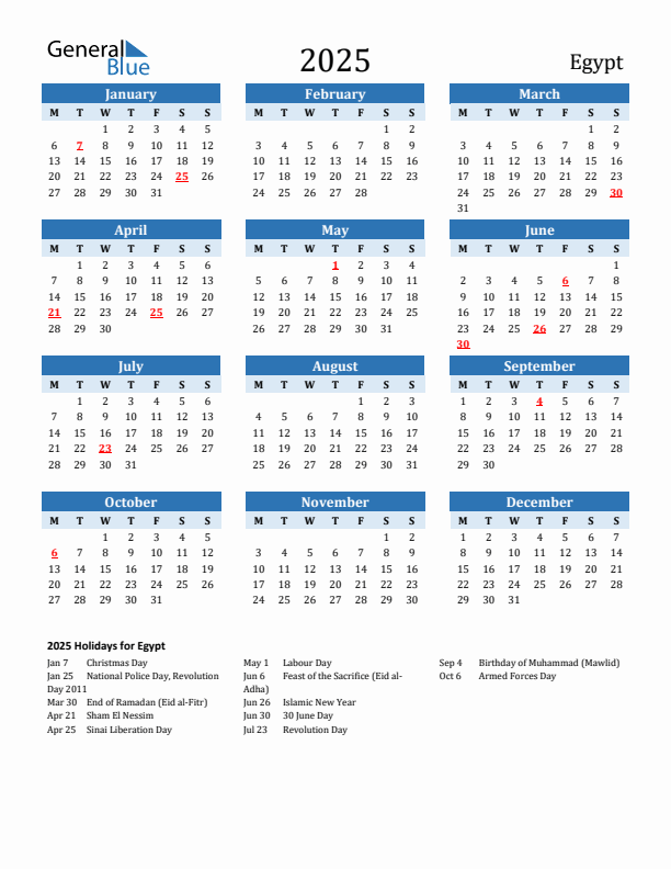Printable Calendar 2025 with Egypt Holidays (Monday Start)