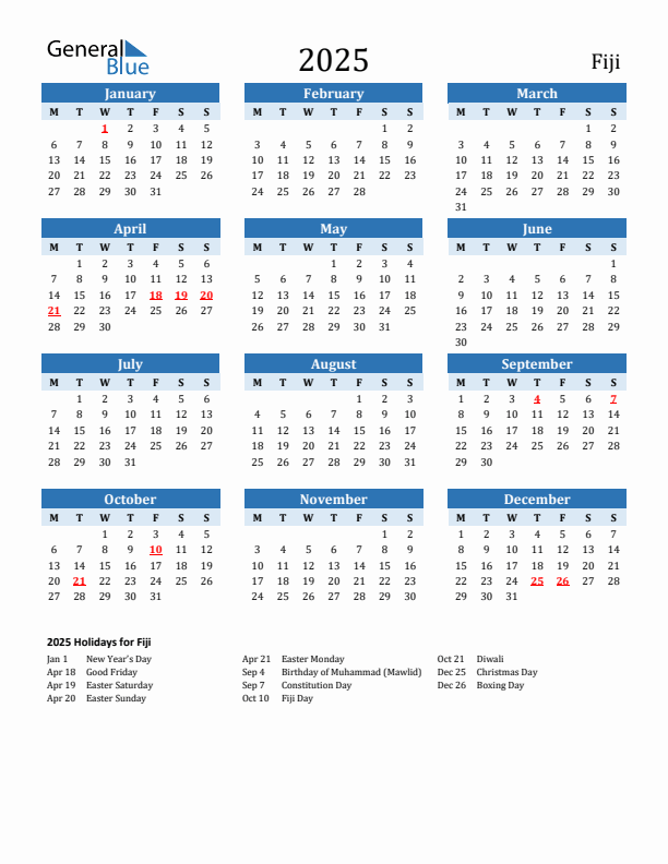 Printable Calendar 2025 with Fiji Holidays (Monday Start)