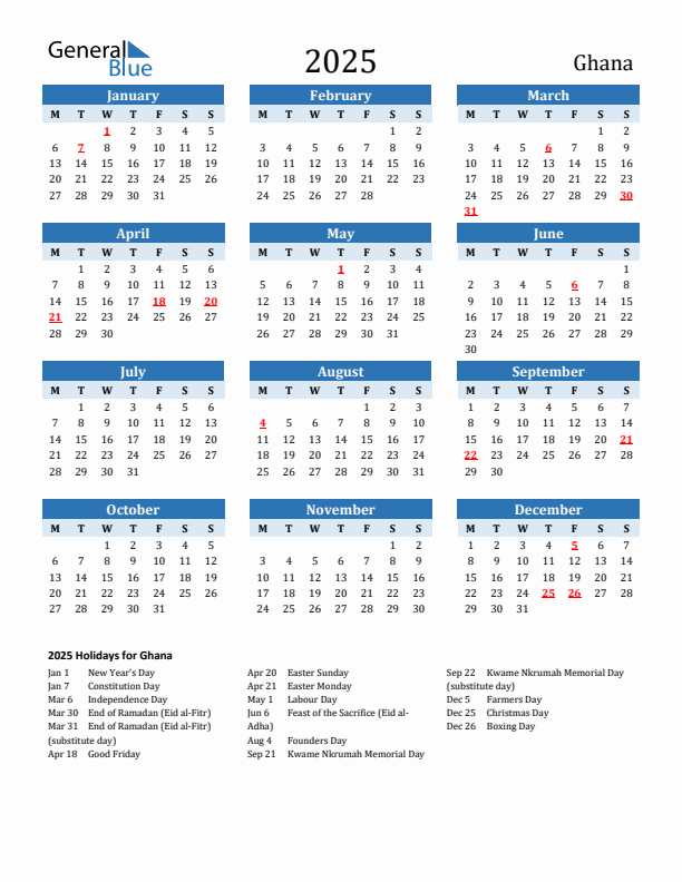 Printable Calendar 2025 with Ghana Holidays (Monday Start)