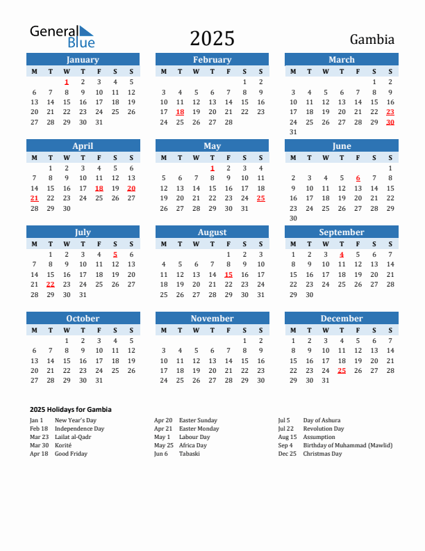 Printable Calendar 2025 with Gambia Holidays (Monday Start)
