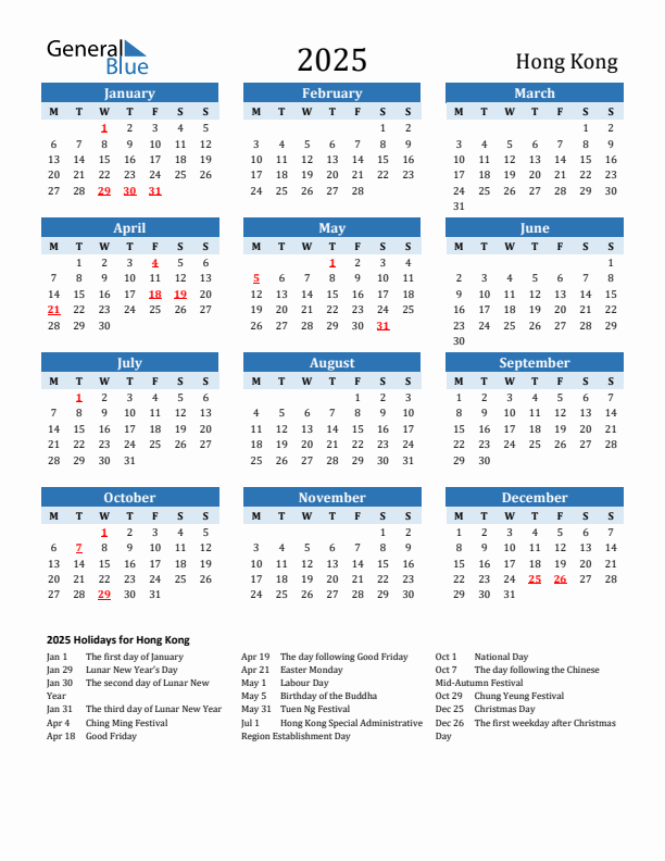 Printable Calendar 2025 with Hong Kong Holidays (Monday Start)