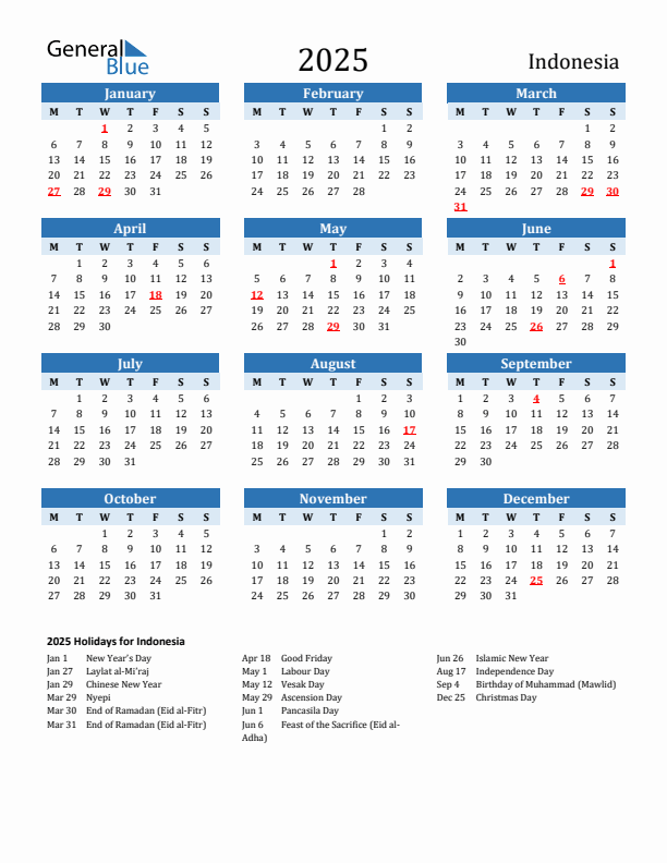 Printable Calendar 2025 with Indonesia Holidays (Monday Start)