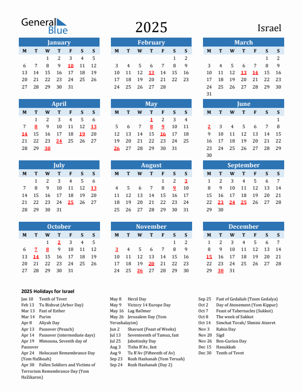 Printable Calendar 2025 with Israel Holidays (Monday Start)