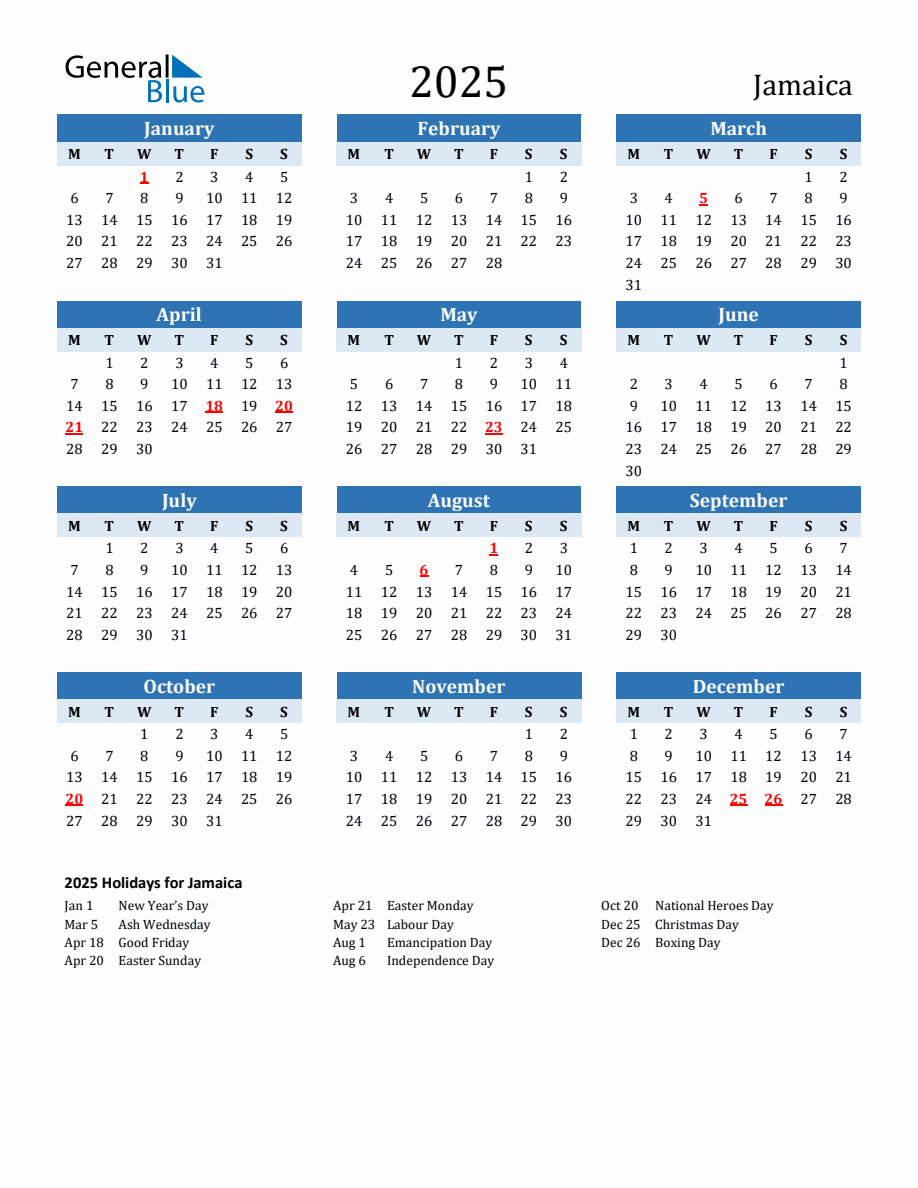 2025 Printable Calendar with Jamaica Holidays - Monday Start
