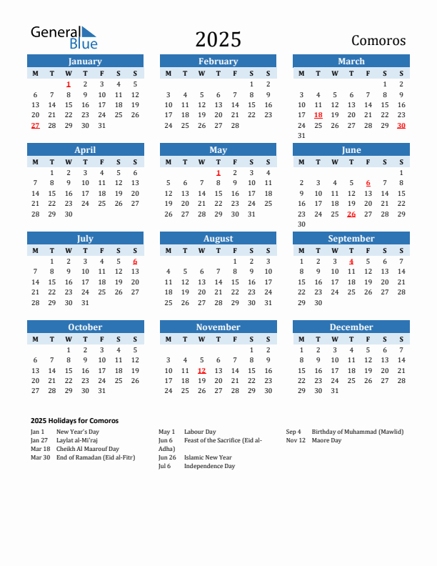 Printable Calendar 2025 with Comoros Holidays (Monday Start)
