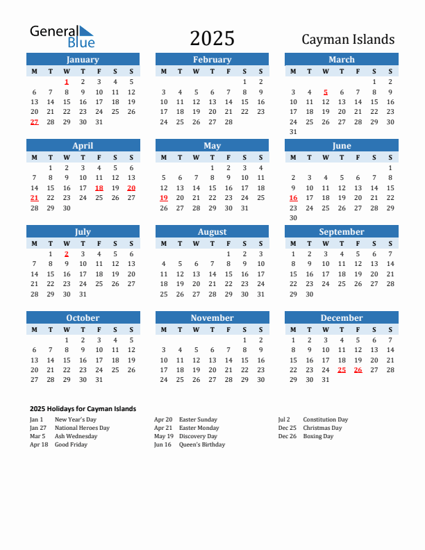 Printable Calendar 2025 with Cayman Islands Holidays (Monday Start)
