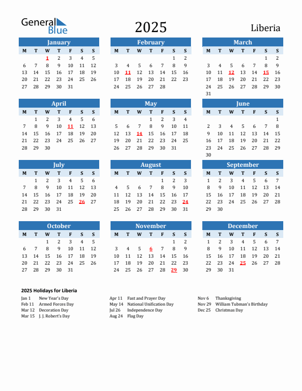 Printable Calendar 2025 with Liberia Holidays (Monday Start)