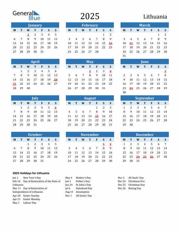 Printable Calendar 2025 with Lithuania Holidays (Monday Start)