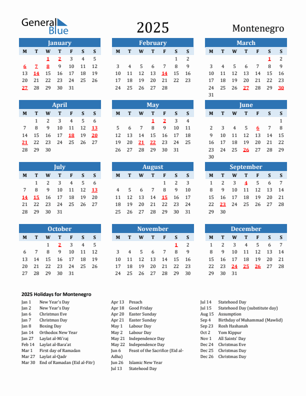 Printable Calendar 2025 with Montenegro Holidays (Monday Start)