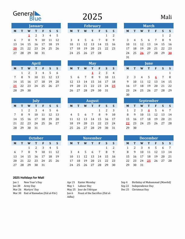 Printable Calendar 2025 with Mali Holidays (Monday Start)