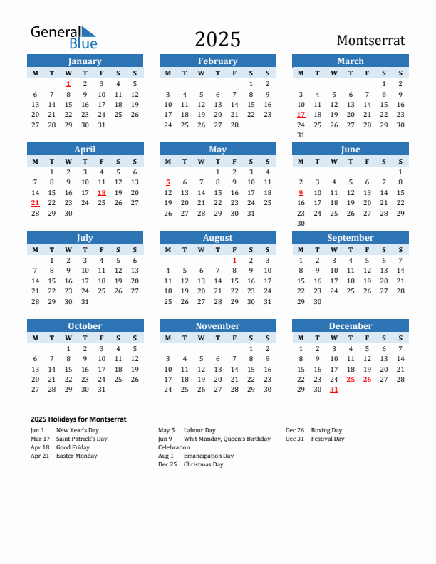 Printable Calendar 2025 with Montserrat Holidays (Monday Start)