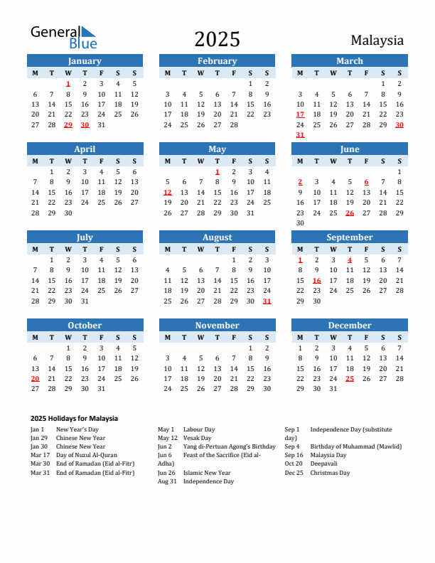 Printable Calendar 2025 with Malaysia Holidays (Monday Start)