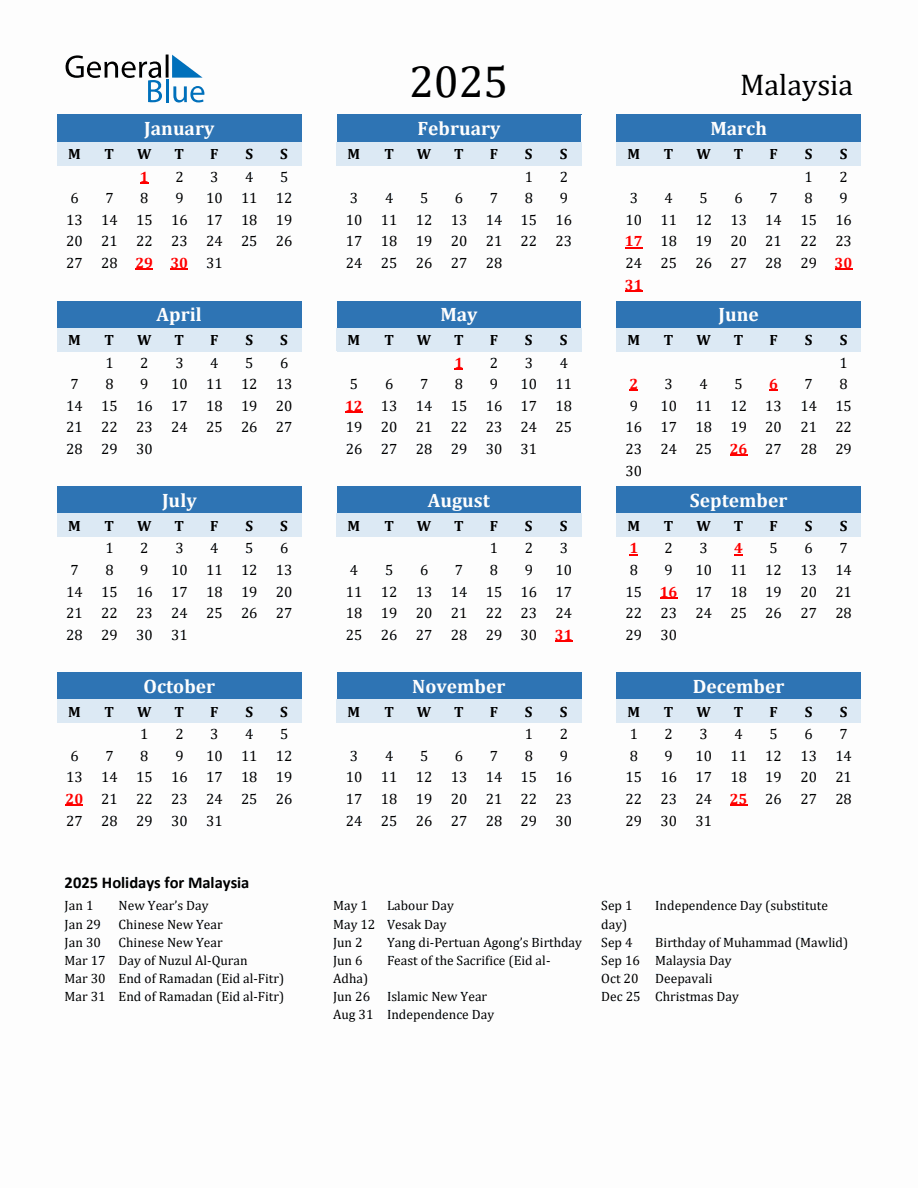 2025 Printable Calendar with Malaysia Holidays - Monday Start