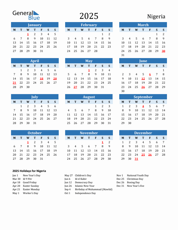 Printable Calendar 2025 with Nigeria Holidays (Monday Start)
