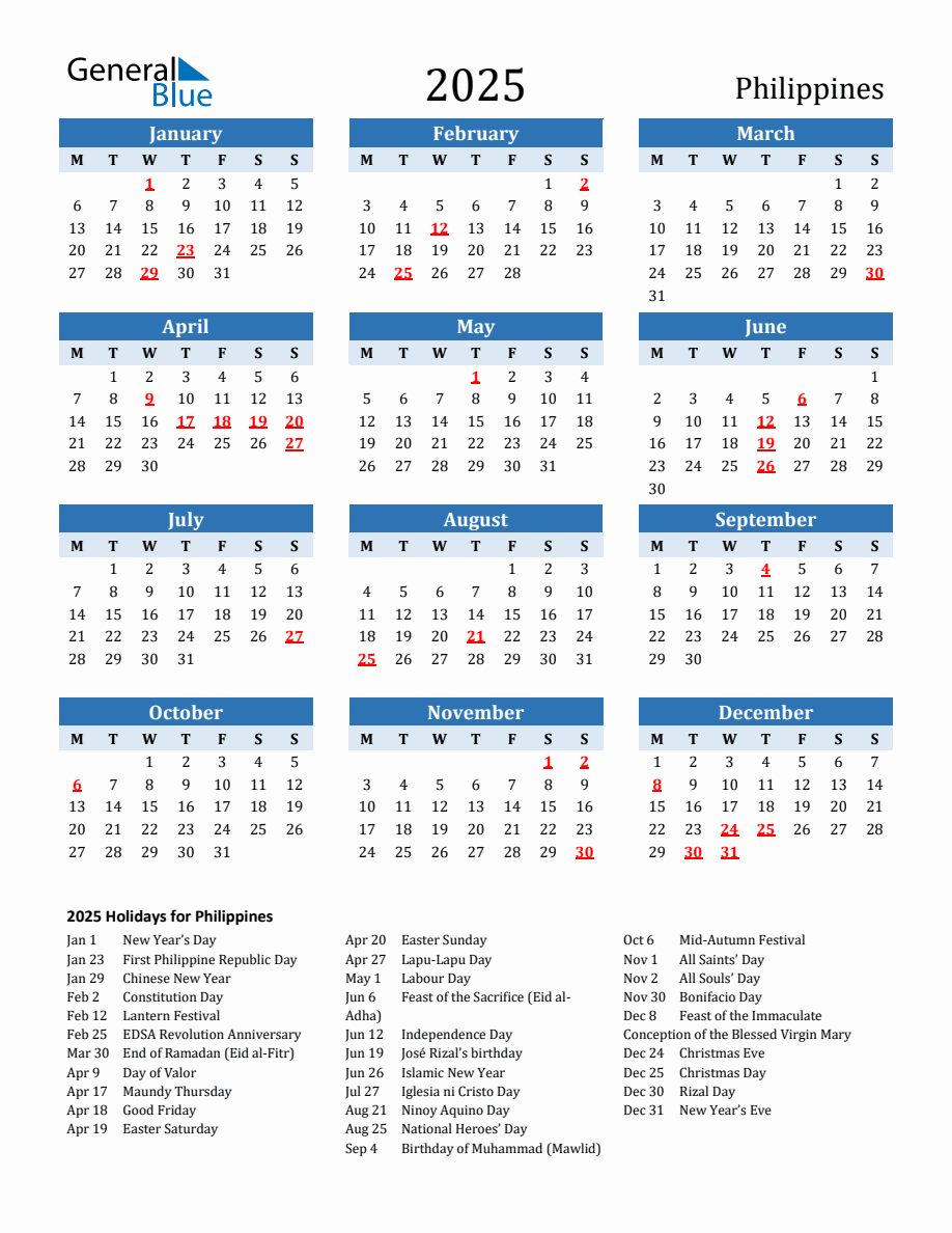 2025 Printable Calendar with Philippines Holidays - Monday Start