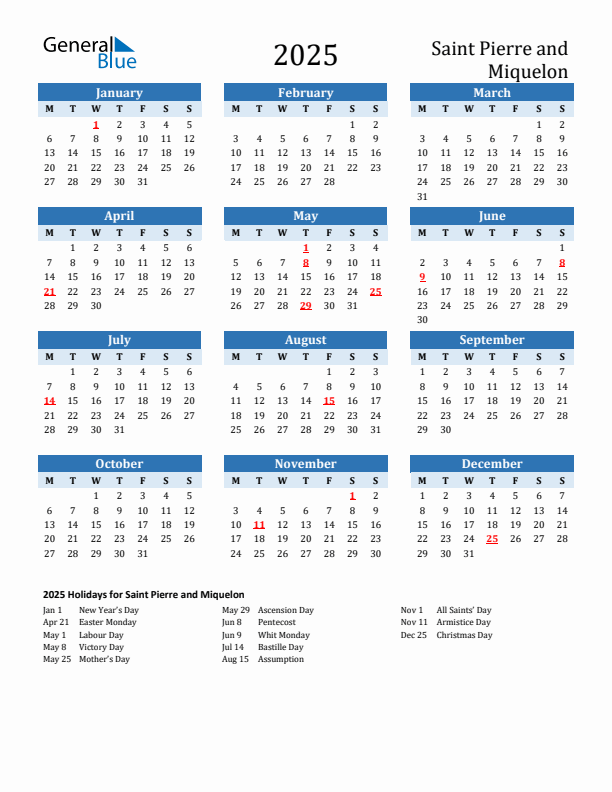 Printable Calendar 2025 with Saint Pierre and Miquelon Holidays (Monday Start)