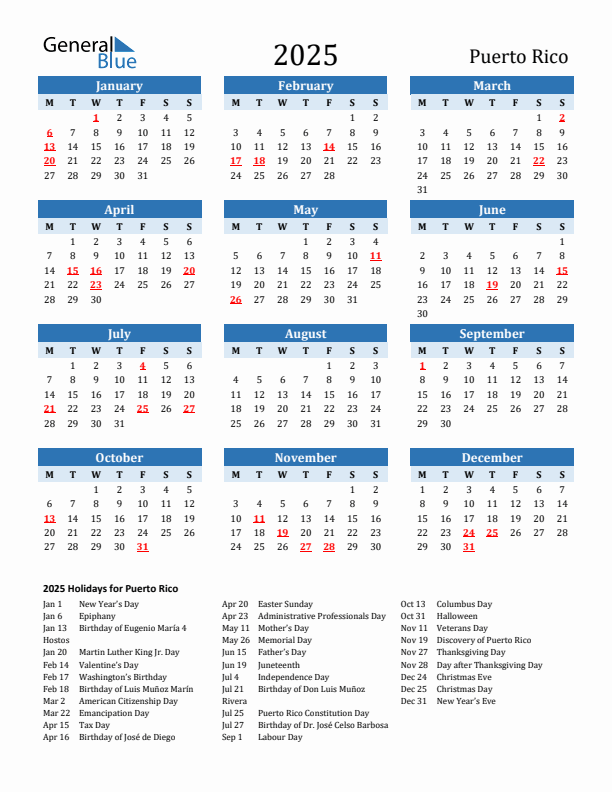 Printable Calendar 2025 with Puerto Rico Holidays (Monday Start)