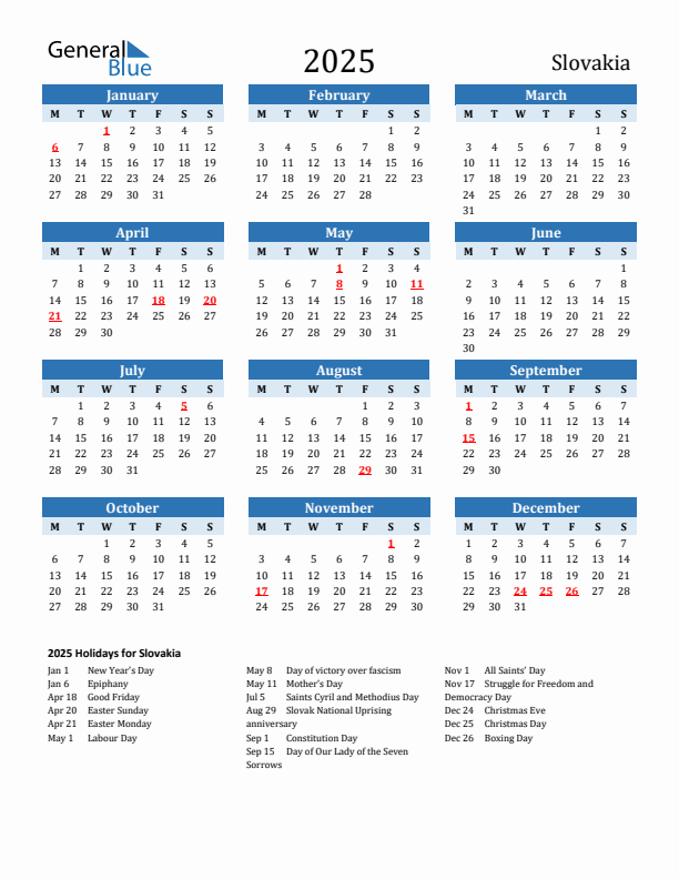 Printable Calendar 2025 with Slovakia Holidays (Monday Start)