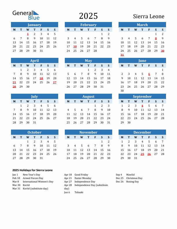 Printable Calendar 2025 with Sierra Leone Holidays (Monday Start)