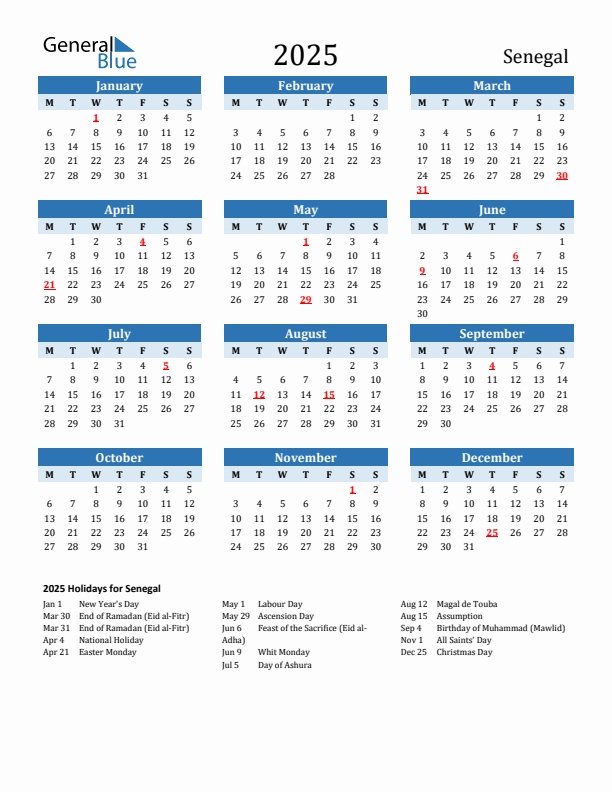 Printable Calendar 2025 with Senegal Holidays (Monday Start)