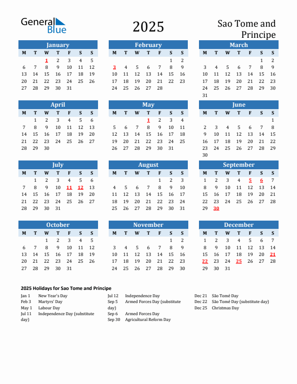 Printable Calendar 2025 with Sao Tome and Principe Holidays (Monday Start)