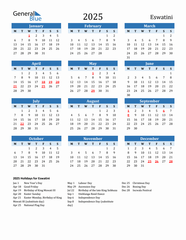 Printable Calendar 2025 with Eswatini Holidays (Monday Start)