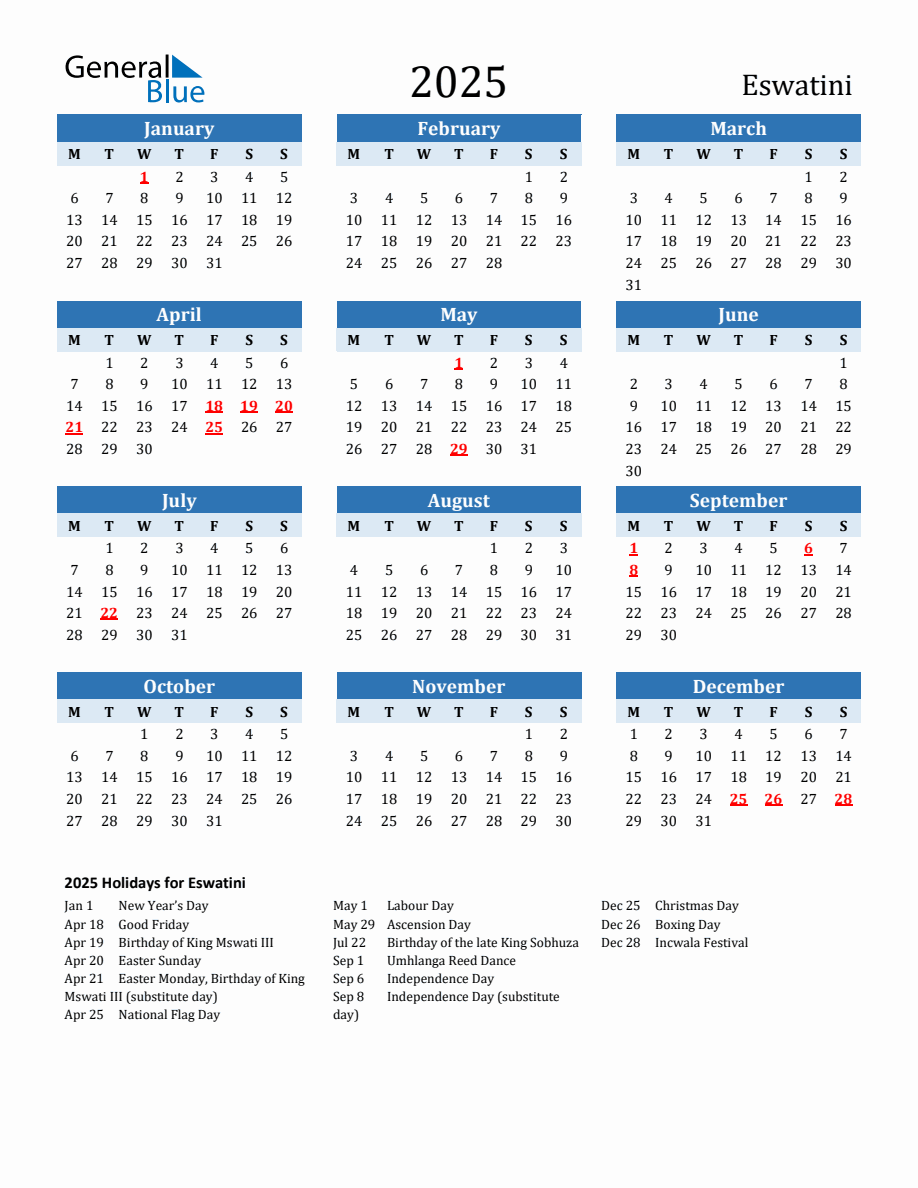 2025 Printable Calendar with Eswatini Holidays - Monday Start