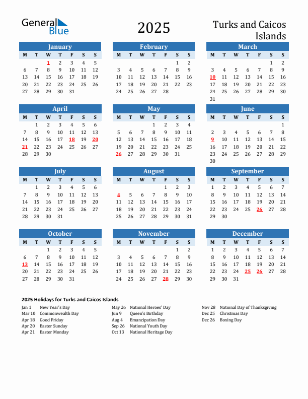 Printable Calendar 2025 with Turks and Caicos Islands Holidays (Monday Start)