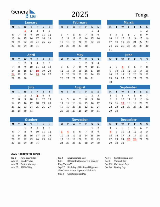 Printable Calendar 2025 with Tonga Holidays (Monday Start)