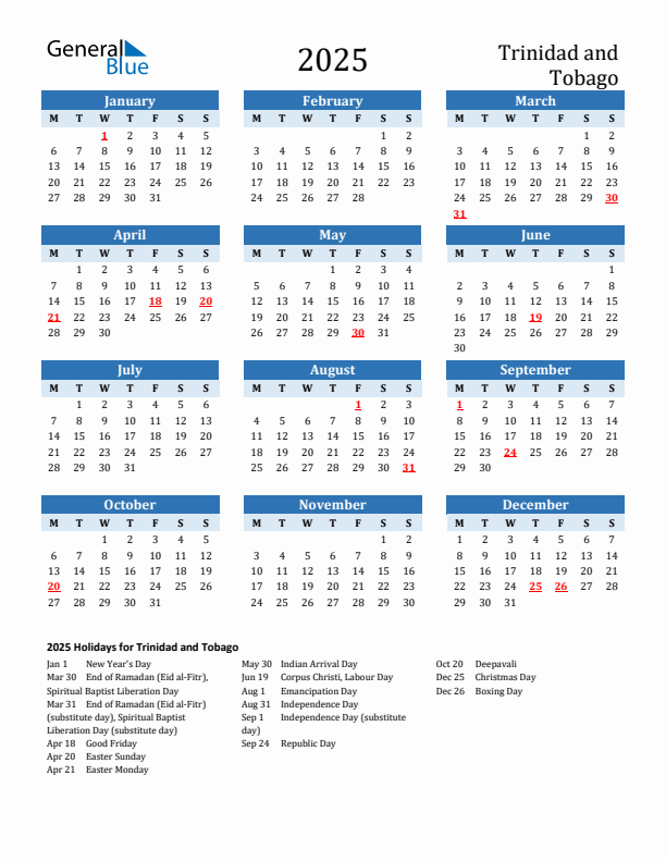 Printable Calendar 2025 with Trinidad and Tobago Holidays (Monday Start)