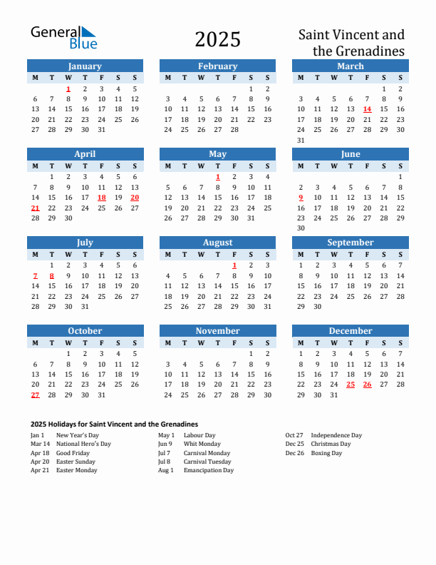 Printable Calendar 2025 with Saint Vincent and the Grenadines Holidays (Monday Start)