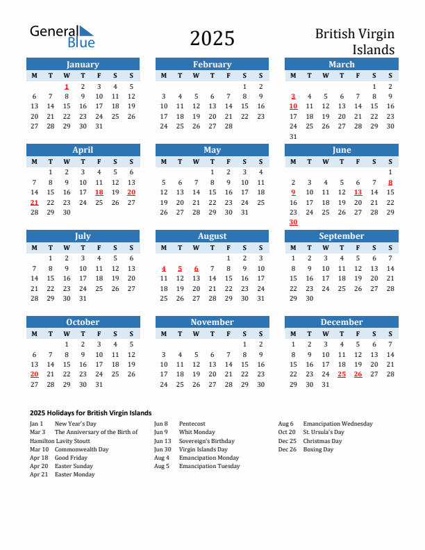 Printable Calendar 2025 with British Virgin Islands Holidays (Monday Start)