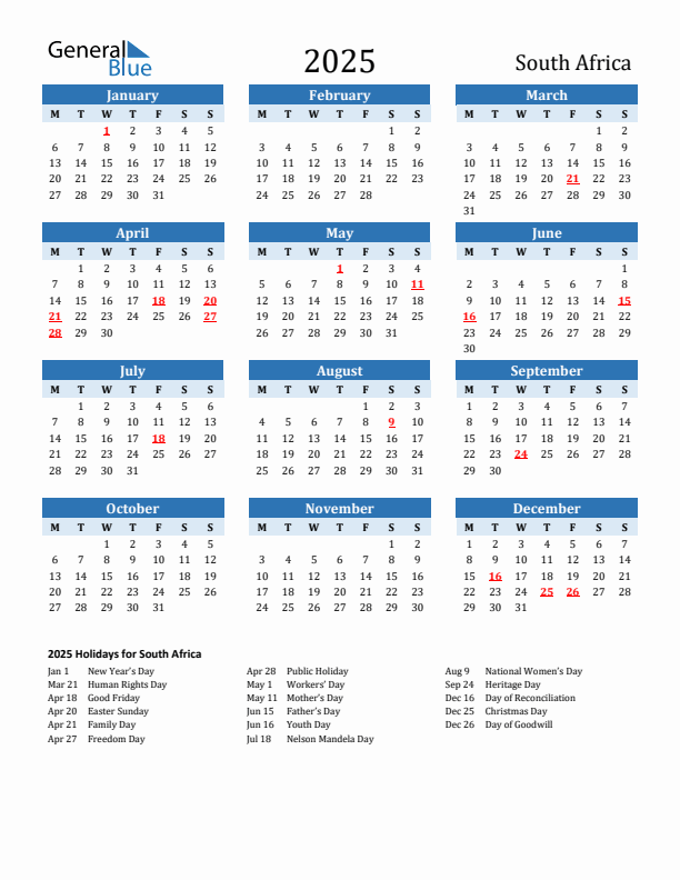 2025 Printable Calendar With South Africa Holidays Monday Start
