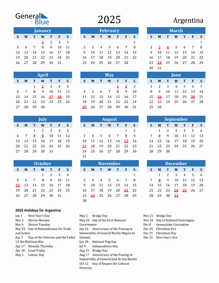 2025 Printable Calendar with Argentina Holidays