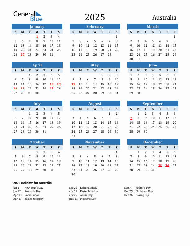 Free Printable 2025 Australia Holiday Calendar