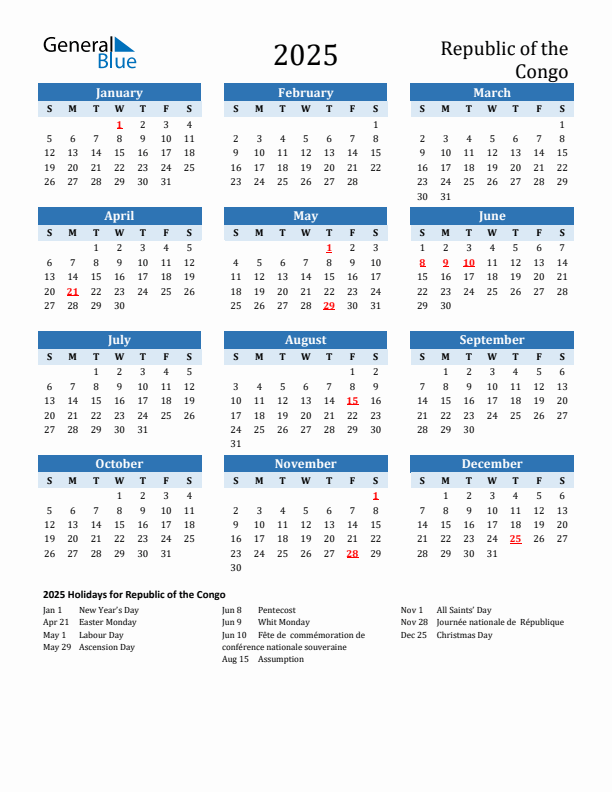 Printable Calendar 2025 with Republic of the Congo Holidays (Sunday Start)