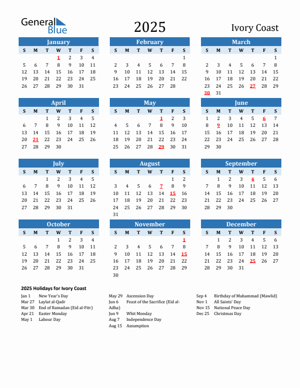 Printable Calendar 2025 with Ivory Coast Holidays (Sunday Start)