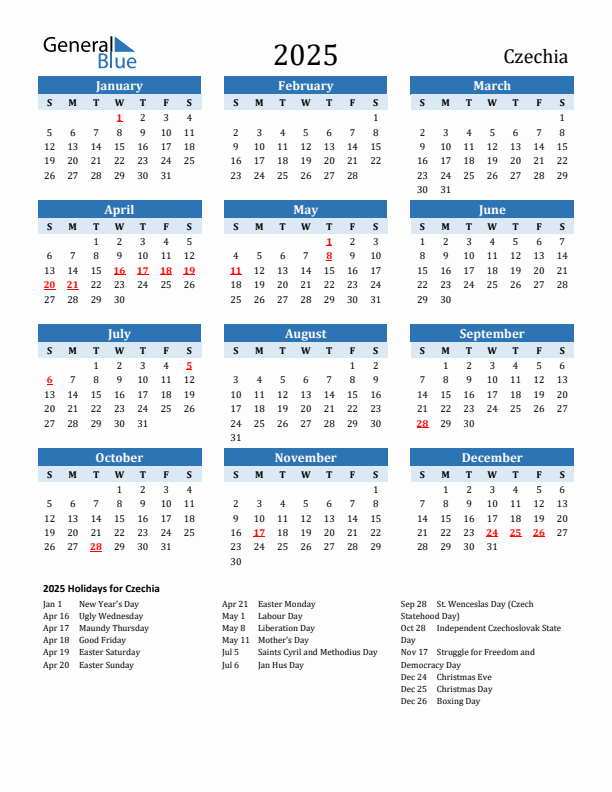 Printable Calendar 2025 with Czechia Holidays (Sunday Start)