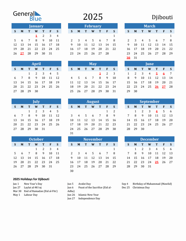 Printable Calendar 2025 with Djibouti Holidays (Sunday Start)