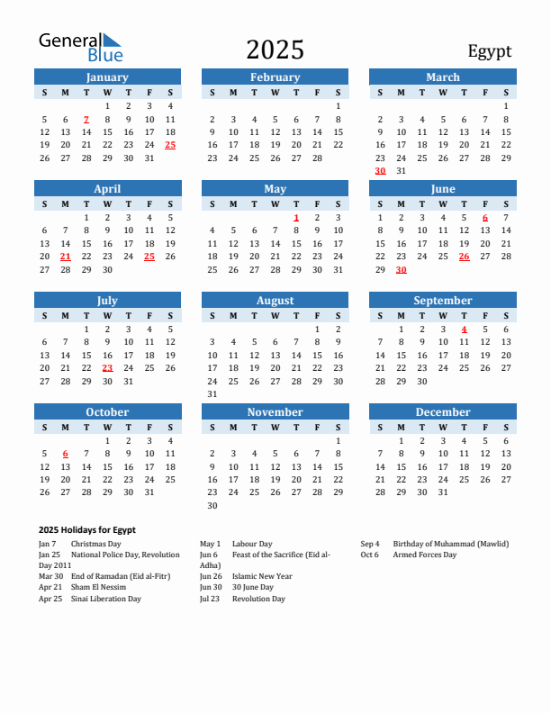 Printable Calendar 2025 with Egypt Holidays (Sunday Start)