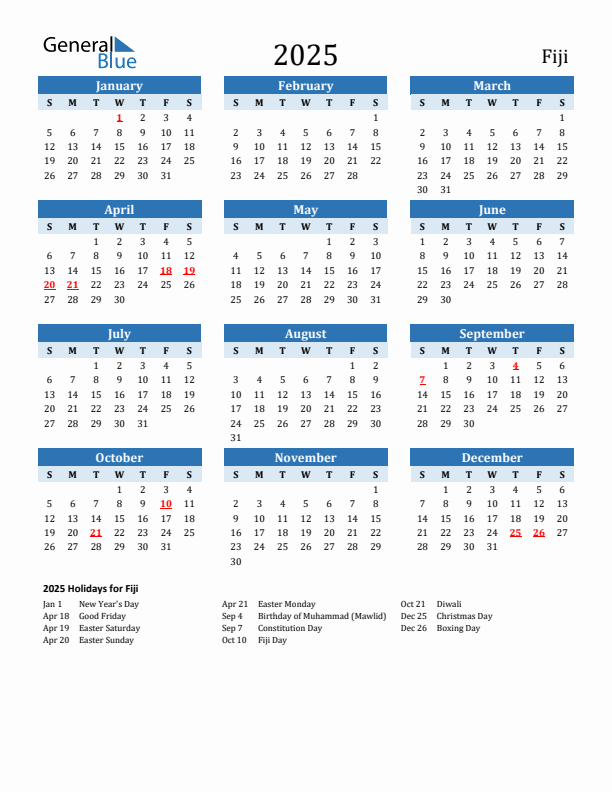 Printable Calendar 2025 with Fiji Holidays (Sunday Start)