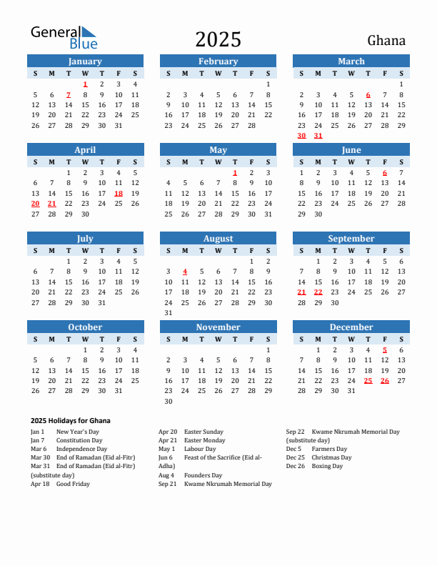 Printable Calendar 2025 with Ghana Holidays (Sunday Start)