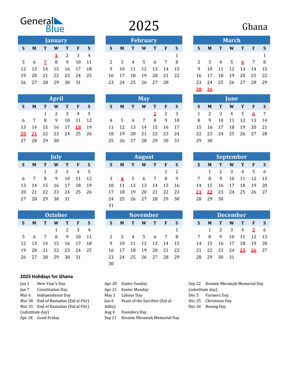 2025 Printable Calendar with Ghana Holidays