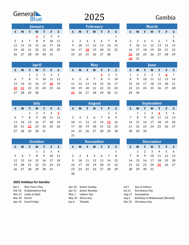 Printable Calendar 2025 with Gambia Holidays (Sunday Start)