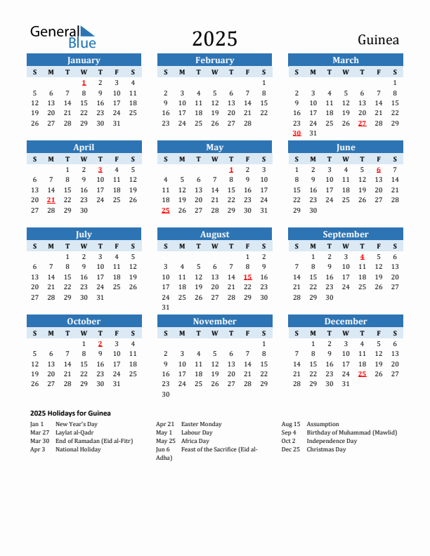 Printable Calendar 2025 with Guinea Holidays (Sunday Start)